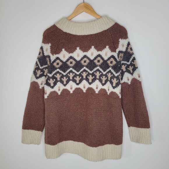AERIE Brown Chunky Knit Sweater Sz S Fair Isle Nordic Aztec Wool Blend Longline - Picture 5 of 11